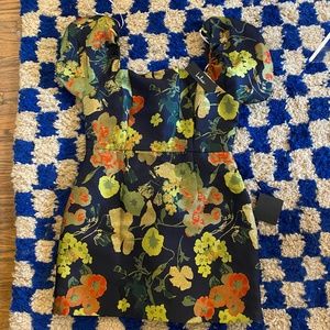 Floral Jacquard Puff Sleeve Mini Dress